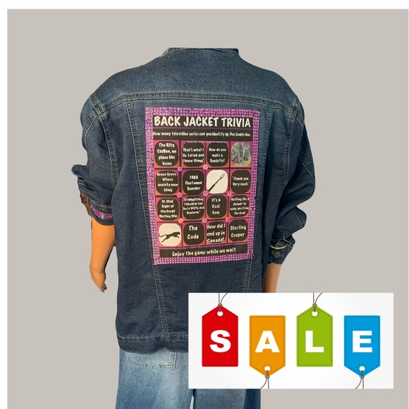 Upcycled Jackets & Blazers - Upcycled Back Jacket Trivia Denim Jacket with Clues to TV Shows on the Back.
